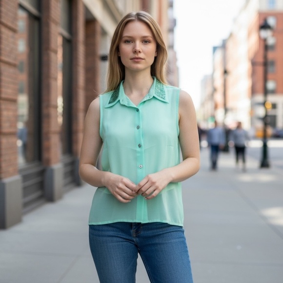 Fashion17 Tops - Women’s Sleeveless Mint Sequins Button Top
New
